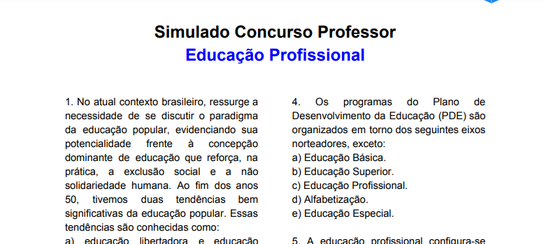 Baixe Agora Simulado Sobre Educa O Profissional Quest Es Concurso