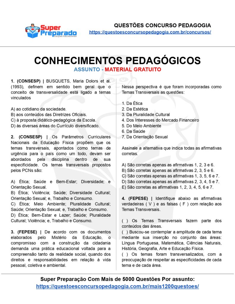 Simulado Interdisciplinaridade Concurso Pedagogia 06 Questões